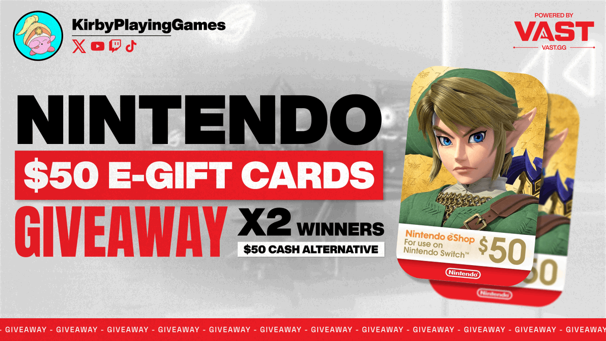VastGG's tweet photo. 2 x $50 Nintendo egift cards Giveaway! 

To enter, perform these tasks via the link below:

🔁  Retweet + Like          

✅  Follow @KirbyPlayinGame @VastGG 

Enter Here: https://t.co/rqTnWoXgcr