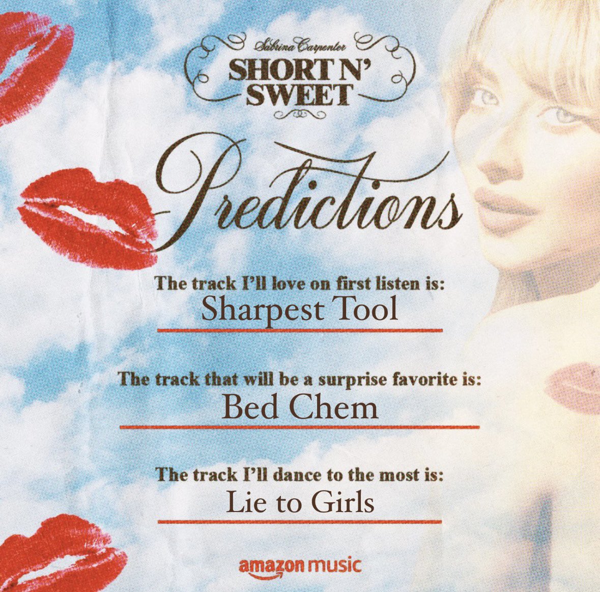 caittizz's tweet image. Just guessing? Lmao I bet this gonna be so wrong too
#ShortNSweet #Sabrina #SabrinaCarpenter #amazonmusic