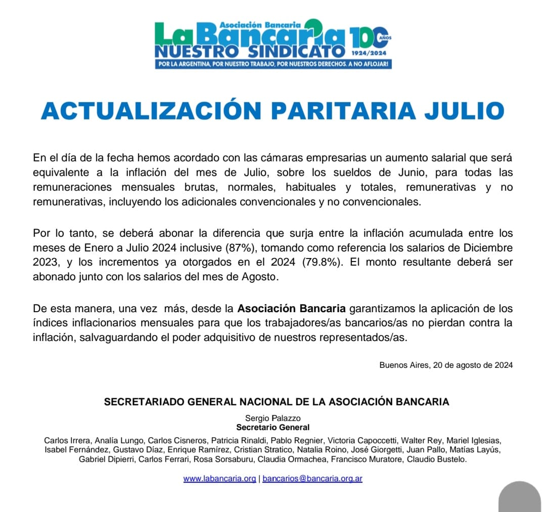 La_Bancaria's tweet photo. ACTUALIZACIÓN PARITARIA 

📝 En el día de la fecha hemos acordado con las cámaras empresarias un aumento salarial que será equivalente a la inflación del mes de Julio, sobre los sueldos de Junio.

Info → https://t.co/zUQyyR9ur9 https://t.co/MhFWznECKW