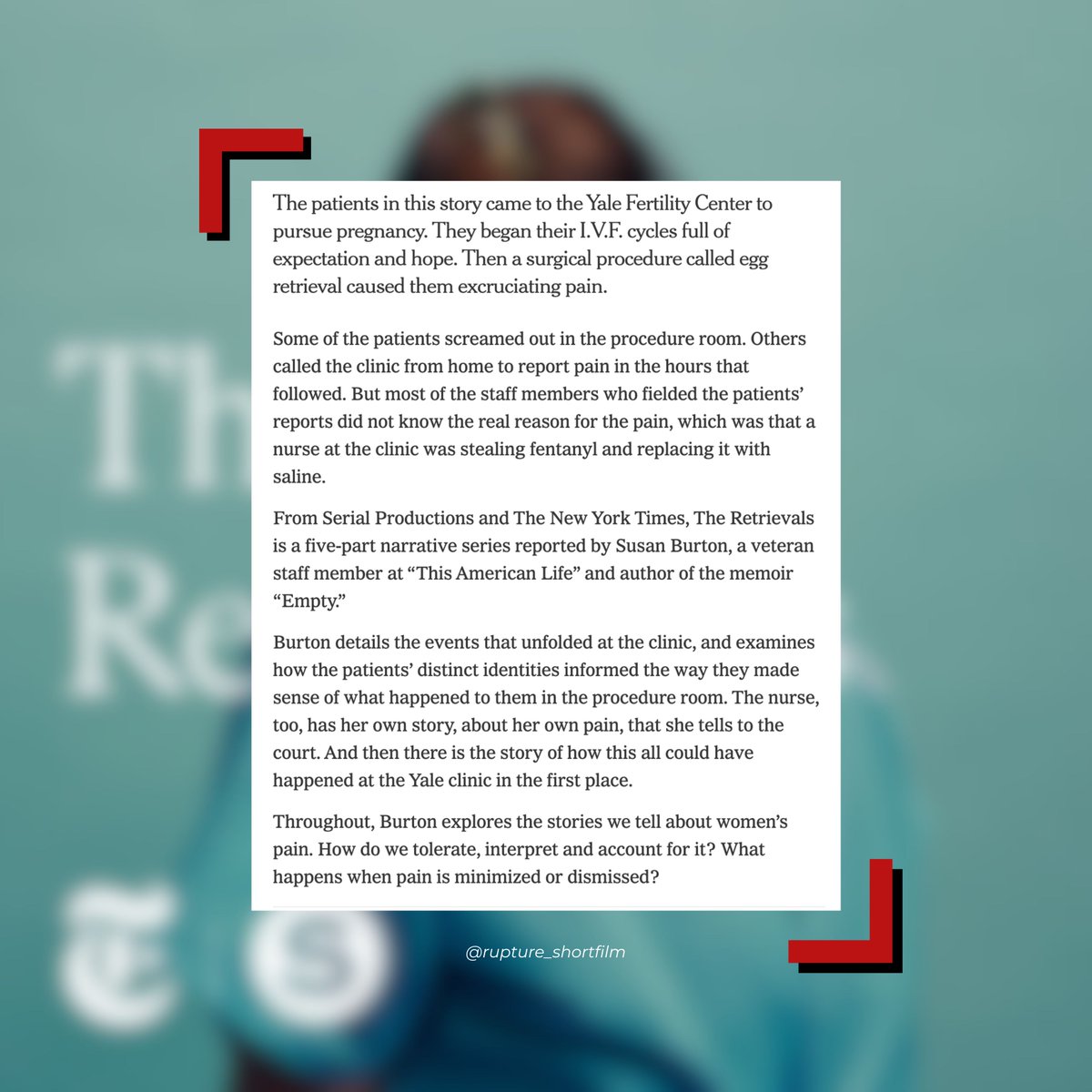 Rupture_Film's tweet photo. Inspirations &amp; Further Learning: Pt 1. The catalyst for making this film was a podcast from @nytimes &amp; @serialpodcast called #TheRetrivals. If you haven't heard of it I urge you to give it a listen. It is a shocking &amp; devastating account of the dismissal of women's pain. https://t.co/7LVGDBMot8