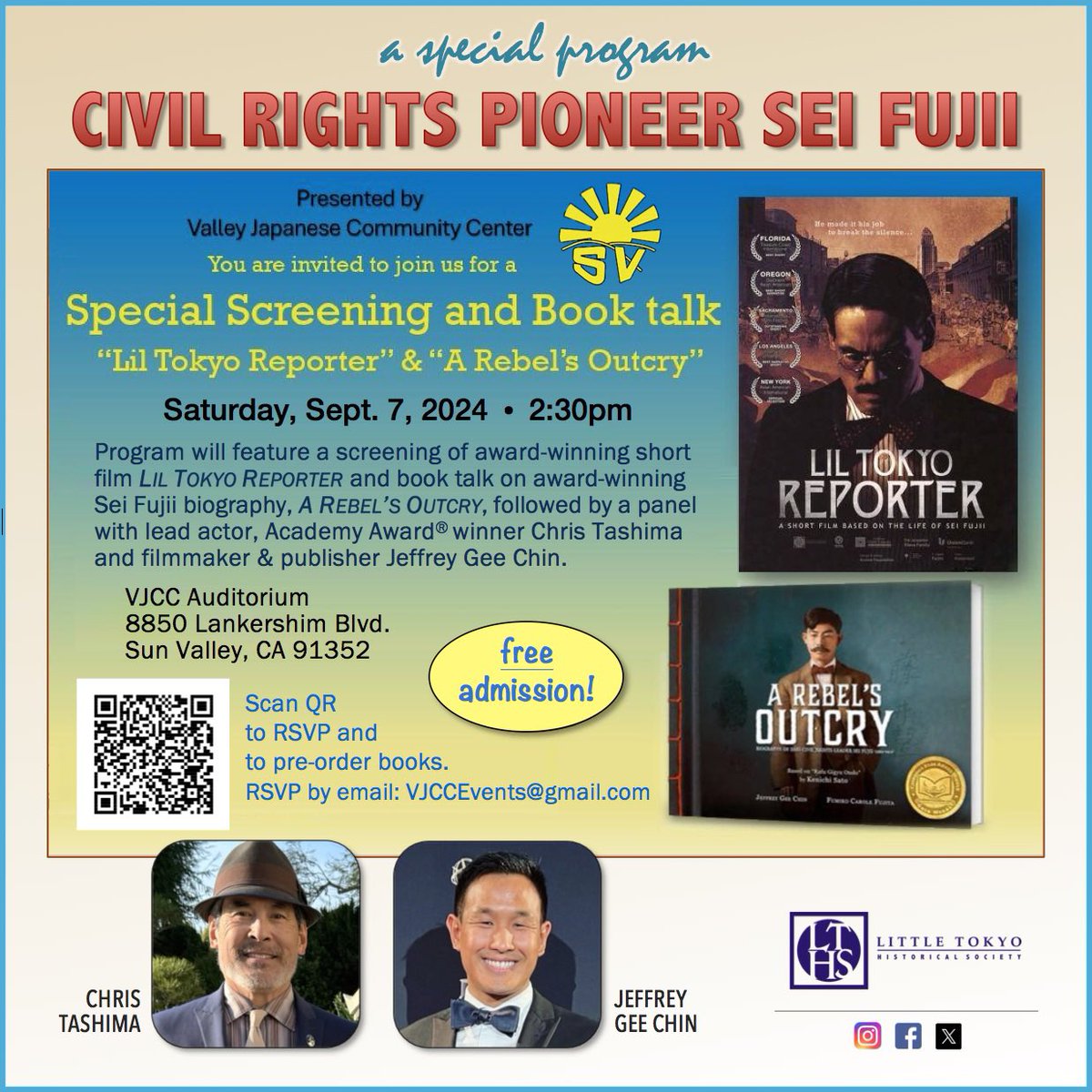 christashima's tweet photo. 🔜 #ShortFilm screening❗️ @LTReporterFilm &amp; @RebelsOutcry #booktalk 📽️ Sat. Sep.7, 2:30pm❗️
Join me, and filmmaker/publisher @TheLeapMan for discussion/Q&amp;A on Civil Rights leader #SeiFujii.
🆓🎟️ Scan QR to RSVP
#shortfilms #SunValley #VJCC #LTHS #LilTokyoReporter #ARebelsOutcry https://t.co/iAuKxsCDaG