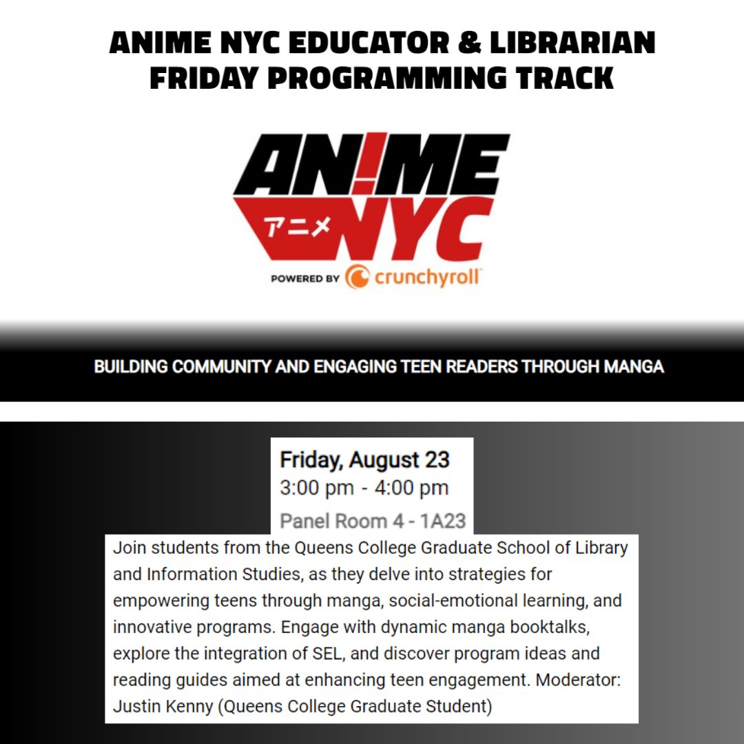 Jillian Rudes (@jrlibrarian) on Twitter photo ✨ Join the Queens College GSLIS Graduate Students for the "Building Community and Engaging Teens Readers Through Manga" panel at #AnimeNYC from 3:00-4:00pm in Room 4 - 1A23! ✨ Join the Queens College GSLIS Graduate Students for the "Building Community and Engaging Teens Readers Through Manga" panel at #AnimeNYC from 3:00-4:00pm in Room 4 - 1A23!