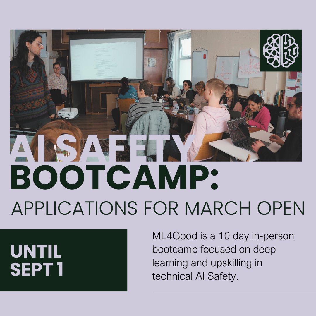 ML4GoodOrg's tweet image. Applications open!

ML4Good Europe 2025 is focused on technical work for AI governance and AI safety. A free 10-day bootcamp, open to EU &amp;amp; Norway residents. Join us in March!

Apply by Sept 1!

ml4good.org/courses/ml4goo… 

(Applying typically takes 30-45 minutes.)
