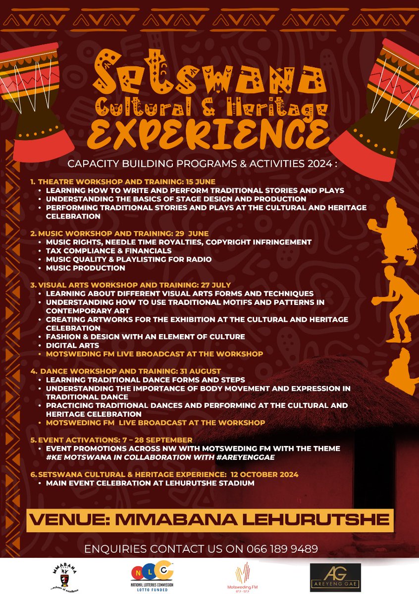 areyenggae's tweet photo. SETSWANA CULTURAL &amp; HERITAGE EXPERIENCE

CAPACITY BUILDING PROGRAMS &amp; ACTIVITIES 2024

THIS PROJECT IS FUNDED BY National Lotteries Commission https://t.co/BsT0YAYyZ0