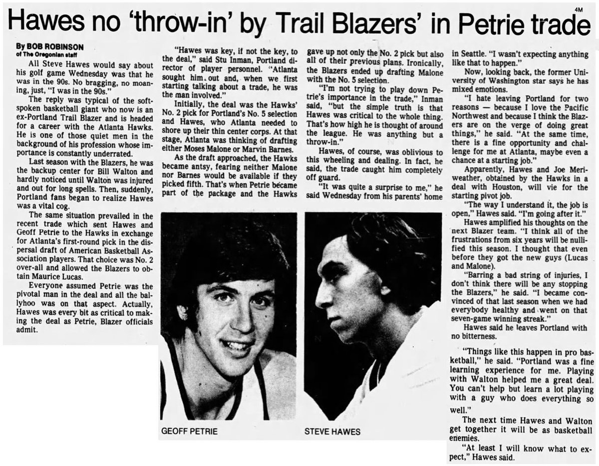 77Blazers's tweet photo. August 20 1976 - Former @trailblazers center #SteveHawes wants to prove he wasn't just a throw-in in the recent trade to the @ATLHawks. Hawes and #GeoffPetrie went to #Atlanta on August 5th.
Hawes only played 66 games with the #Blazers after arriving in a trade from the @HoustonRockets, but averaged 7.2 points and 7.3 rebounds and started in place of #BillWalton during a stretch when Walton suffered a broken leg.
Hawes would play 6 1/2 seasons with the #Hawks before being traded to hometown @SeattleSonics.
#RipCity #ThisDateinBlazersHistory