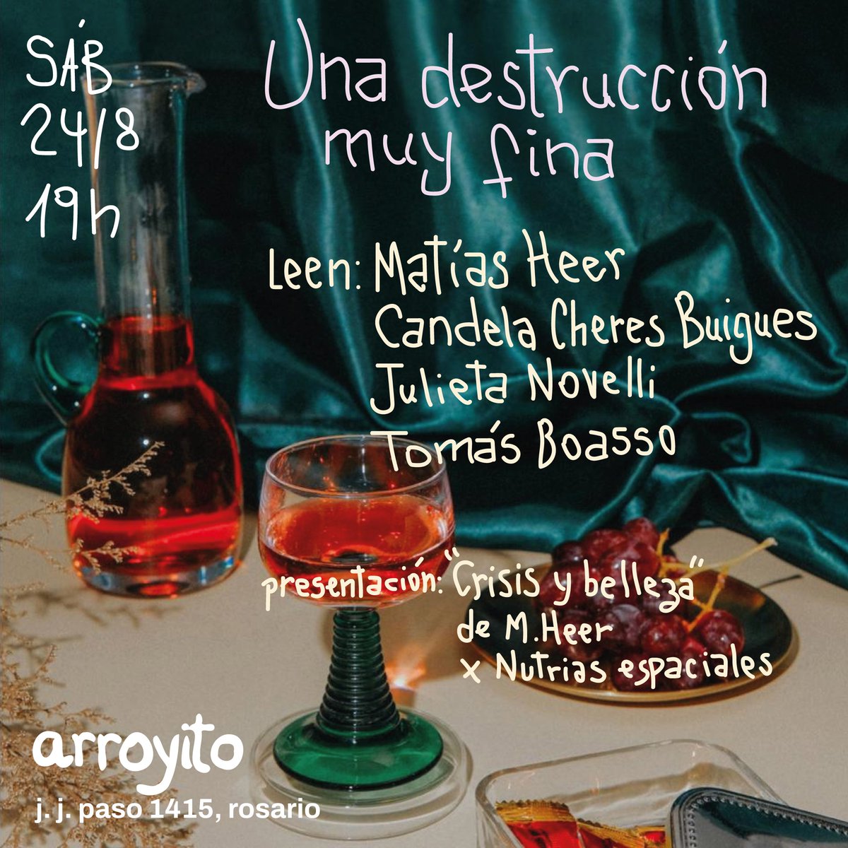 Este sábado en Arroyito, Rosario, lectura de poesía con Matías Heer (CABA), Julieta Novelli (La Plata), Candela Cheres Buigues y Tomás Boasso. Presentamos el libro "Crisis y belleza" de M. Heer. Y si hay lindo día hacemos unos choris.
