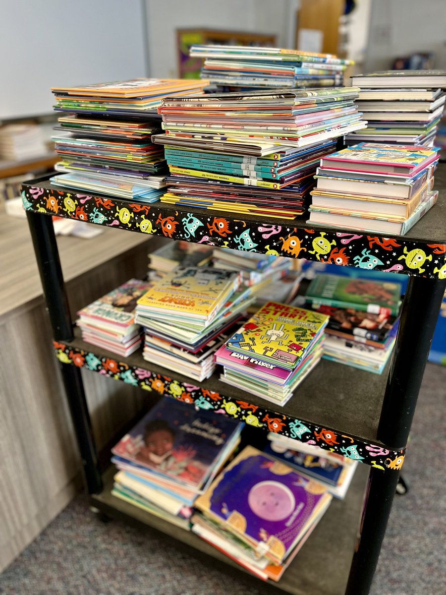 A cart full of new books waiting for our Huskies to read and enjoy! Can’t wait to see you in the library checking out books! #librariesmatter #newbooks #DesHuskies