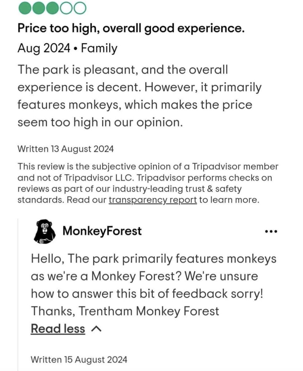 Turnerandhooch's tweet photo. This is a review against @Monkey_Forest , what a world we live in 😂🙈 https://t.co/JBH9IrYNTA
