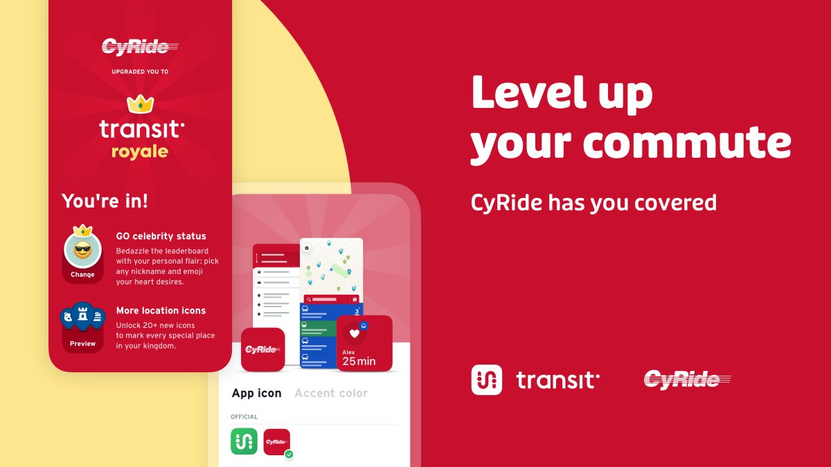 CyRide's tweet image. Meet the Transit App, now available for CyRide! We are providing everyone with Transit Royale!

Ride with friends, customize your theme, and compete for the crowdsourcing crown on your line. CyRide riders are getting the Royale treatment 👑🚍 #transitapp #cyride