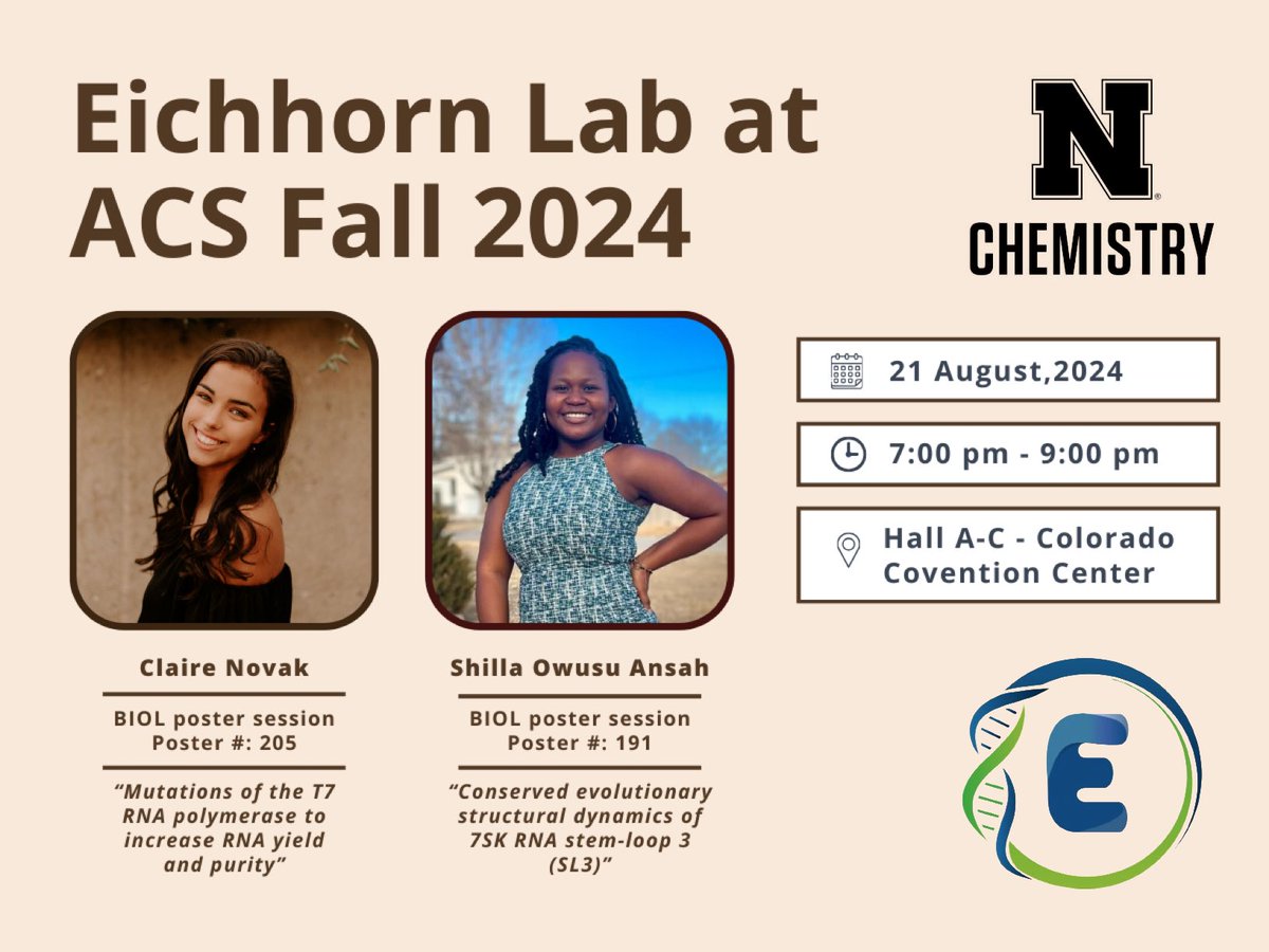 Excited for #ACSFall2024. Be sure to check out poster presentation by <a href="/eichhorn_lab/">Eichhorn Lab</a> members <a href="/owusu_shilla/">Owusu Shilla</a> and Claire Novak. #ACSDBC @ACS_DivBioChem