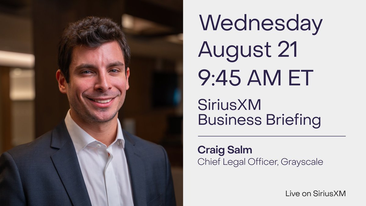 Grayscale's tweet photo. TOMORROW: Grayscale Chief Legal Officer @CraigSalm joins @SIRIUSXM for the @BizBriefing to discuss how #crypto is becoming a hot topic in the election.

🔊Tune in TOMORROW at 9:45 AM ET on @SIRIUSXM / @SXMBusiness 🔊 https://t.co/iEMf6Z0fz0
