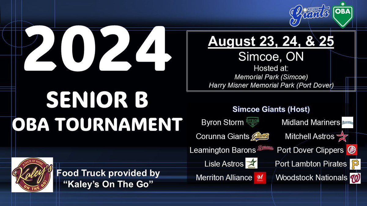 The <a href="/SimcoeSrGiants/">Simcoe~SR~Giants</a> are excited to host the OBA B Sr Provincials this weekend. Check out the <a href="/SimcoeBaseball/">Simcoe Minor Baseball Association</a> website for the schedule. Our first game is at Memorial Park against <a href="/PLSPirates/">Port Lambton Pirates</a> at 1:00pm. Let’s pack the park! Share with family &amp; friends. Looking forward to great ⚾️
