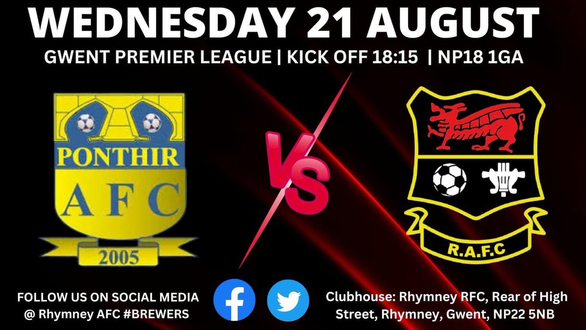 The brewers are in action tomorrow night as they travel to Ponthir AFC in the Gwent Premier League with kick off at 18:15. The post code to the pitch is NP18 1GA. With defeat in the opening two league games the brewers will be looking to bounce back #Brewers🔴⚫️⚽️