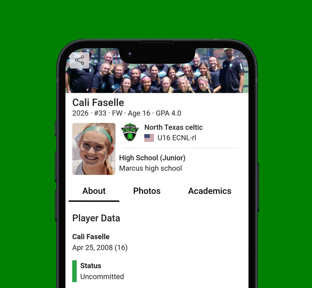 💥Player Spotlight: <a href="/califaselle33/">Cali faselle</a>

⚽️ 2026 · Forward
🏟️ <a href="/ntxcelticfc/">NTX Celtic FC</a>
📍 Denton, TX

🔗internespo.com/profile/cali-f…
•
•
•
#YouthSoccer #GA #ECNL #ECNLGirls #CollegeSoccer