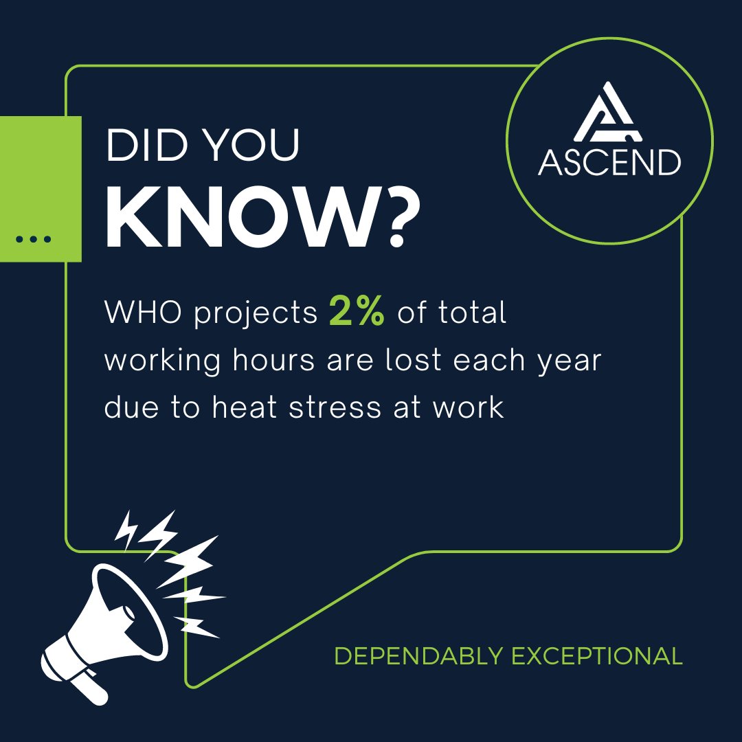 Ascend_PS's tweet image. In 2023, the World Health Organization projected lost working hours due to higher temperatures. Are there measures you can take to help your employees deal with the heat? 

 📃 lnkd.in/dsbtEQcn

#heatstress #employeehealth #employeesafety
