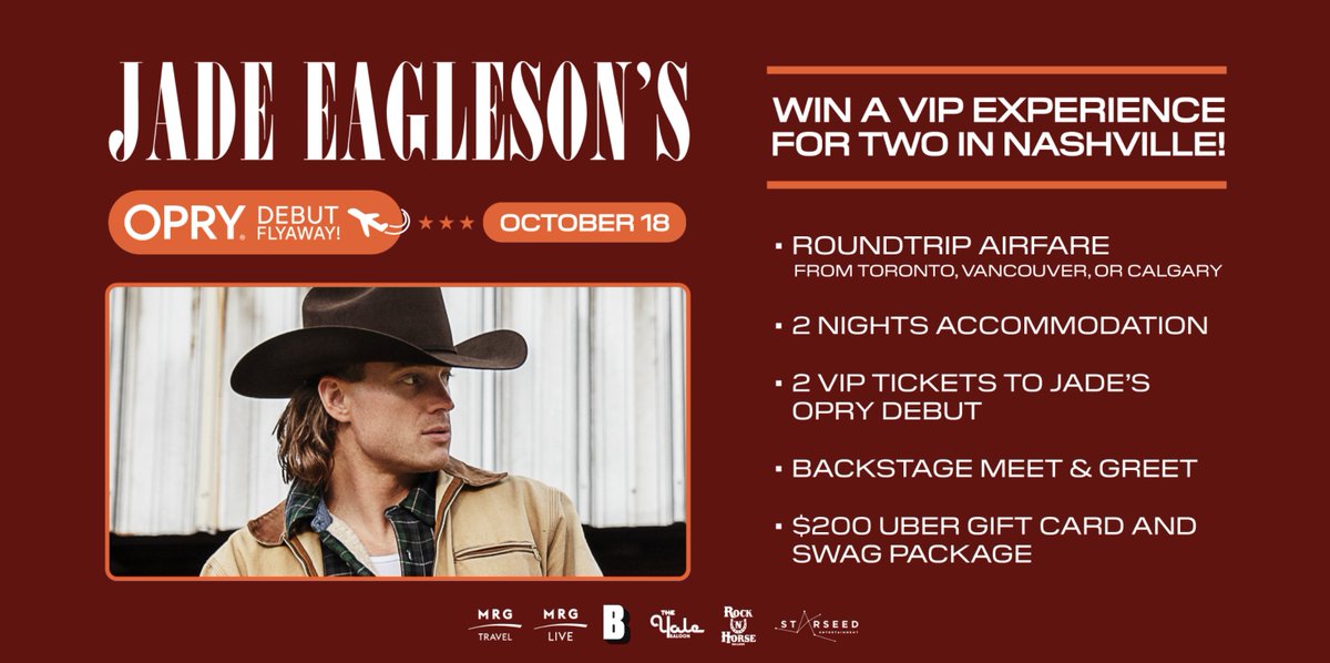 Jade Eagleson (@jadeeagleson) on Twitter photo Come join me at the <a href="/opry/">Grand Ole Opry</a>!
On October 18th Iām making my Opry debut and Iām partnering with <a href="/MRGtravel/">MRG Travel</a> and <a href="/BeatRouteMedia/">BeatRoute</a> to help bring a couple of you to the show.
Click the link below to enter:
jadeeagleson.link/OpryFlyawayTw Come join me at the <a href="/opry/">Grand Ole Opry</a>!
On October 18th Iām making my Opry debut and Iām partnering with <a href="/MRGtravel/">MRG Travel</a> and <a href="/BeatRouteMedia/">BeatRoute</a> to help bring a couple of you to the show.
Click the link below to enter:
jadeeagleson.link/OpryFlyawayTw