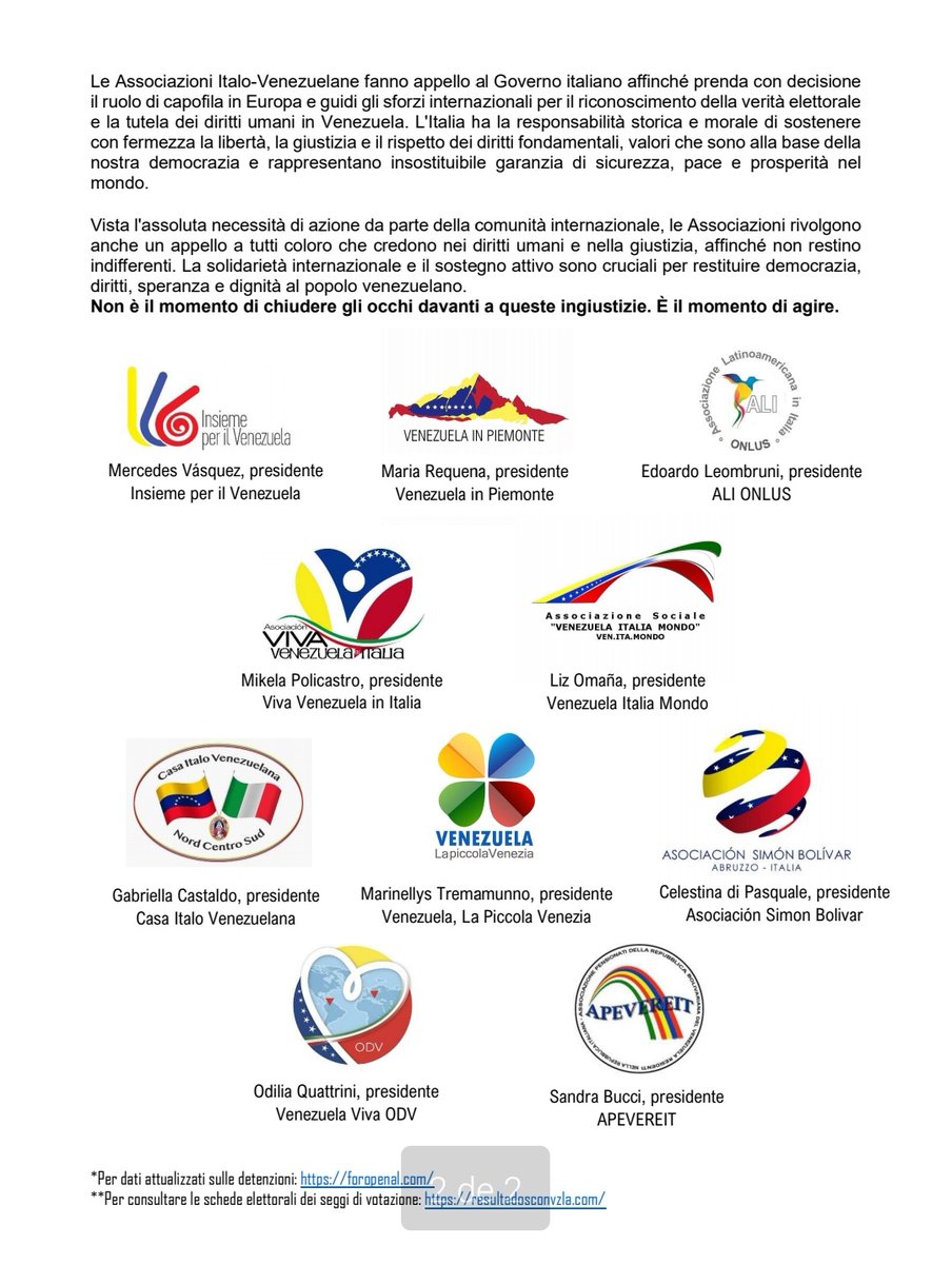 VenteDDHH's tweet photo. 📃 Asociaciones civiles italo-venezolanas en #Italia, denuncian la represión en Venezuela e invocan la acción del Gobierno  Italiano para que exijan la libertad de los presos políticos tanto italianos como venezolanos y reconozcan el triunfo electoral de @EdmundoGU el #28Jul. https://t.co/wMUn7W32IH