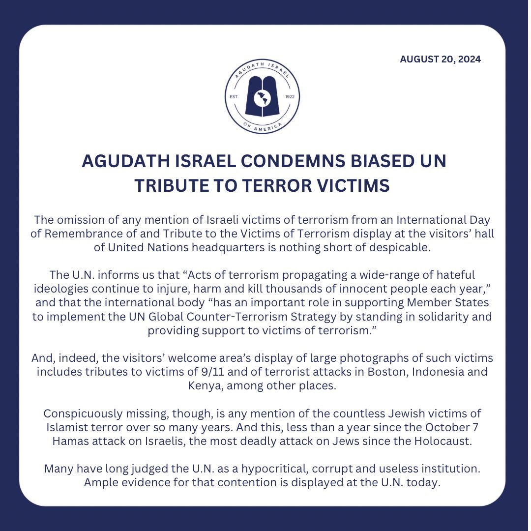 Agudath Israel Condemns Biased UN Tribute to Terror Victims

agudah.org/agudath-israel…