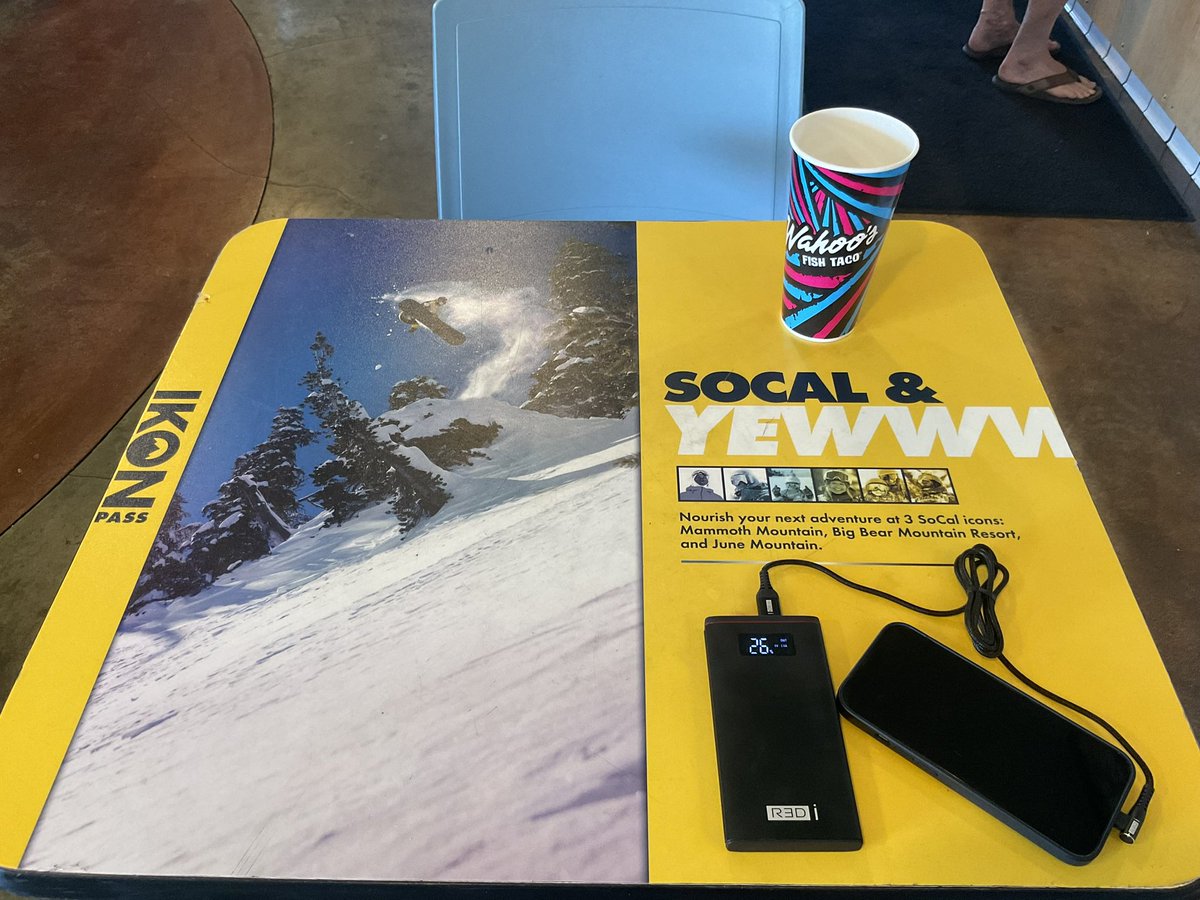 MooreBrianJ's tweet photo. Sitting at @WahoosFishTaco thinking about enjoying cooler weather and fresh powder with @IkonPass and charging my phone with #r3di_official https://t.co/iez0wilmit