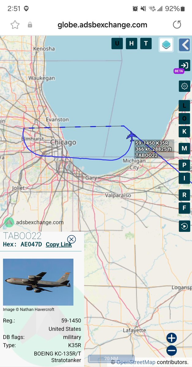 Borrowed7Time's tweet photo. USAF KC-135R 59-1450 #AE047D as TABOO22 in the air around Chicago, on refueling duties for the Combat Air Patrol (CAP) jets. #DNC
@sipjack1776 @AliceandthePig https://t.co/50xPqtJnLW