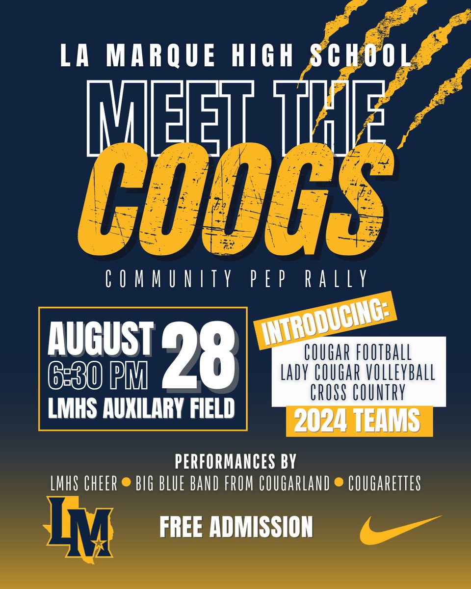 🔥MEET THE COOGS🔥

DON’T MISS THE COMMUNITY PEP RALLY

🏈🔥🏐🔥🏃🏽‍♀️🔥🏃🏾‍♂️🔥📣🔥🥁🔥🩰
<a href="/LM_CoogFootball/">La Marque Cougar Football</a> <a href="/THE_LMHS/">THE LMHS</a> <a href="/LM_coogshoops/">La Marque HS Boys Basketball</a> <a href="/TexasCityISD/">Texas City ISD</a> <a href="/CityofLaMarque/">City of La Marque</a>