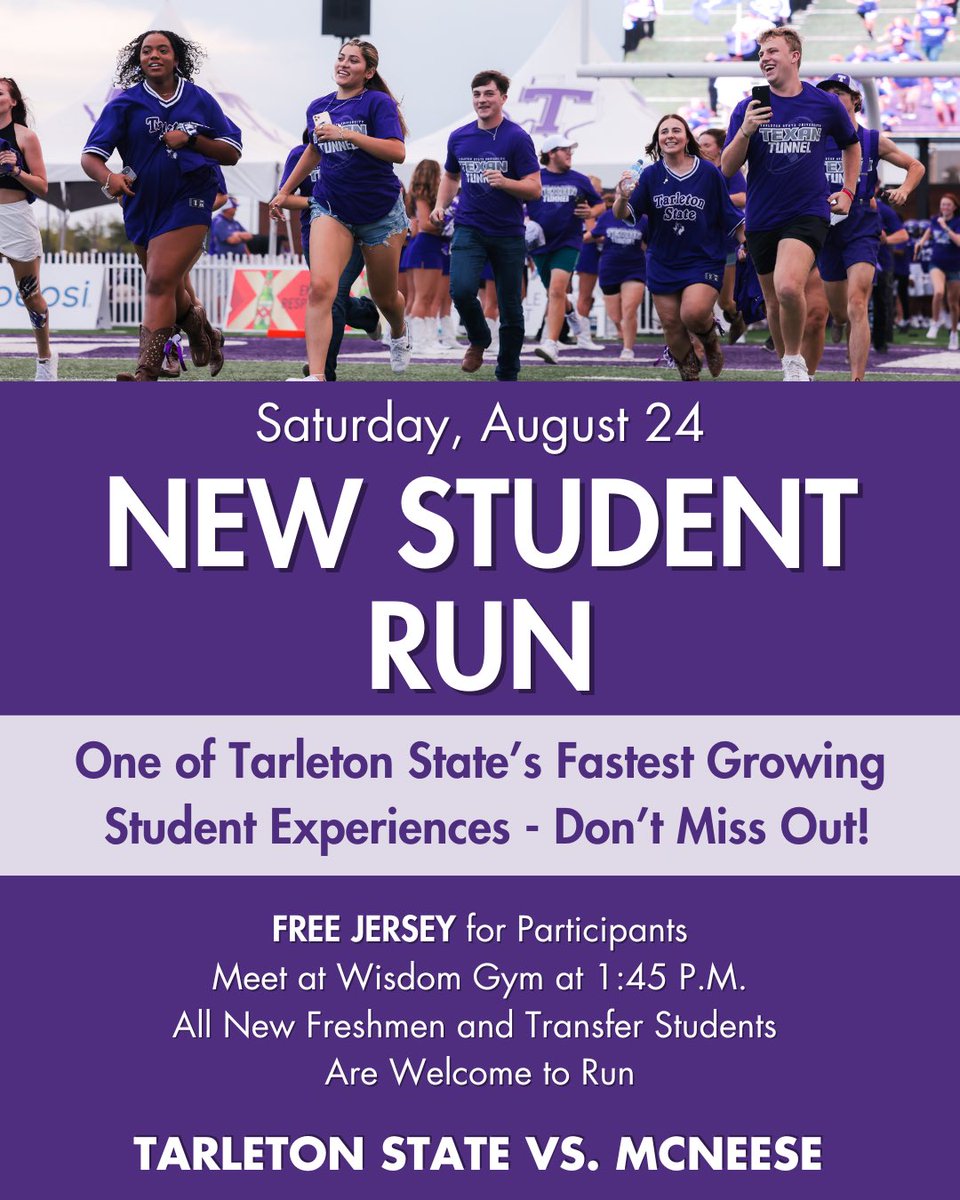 As we gear up for another incredible year at <a href="/TarletonState/">Tarleton State University</a>, I'm excited to invite all our newest Texans to join in one of our most cherished traditions, the New Student Run! Meet at Wisdom Gym at 1:45 p.m. Saturday for your chance to lead <a href="/TarletonFB/">Tarleton State Football</a> onto the field! 💜