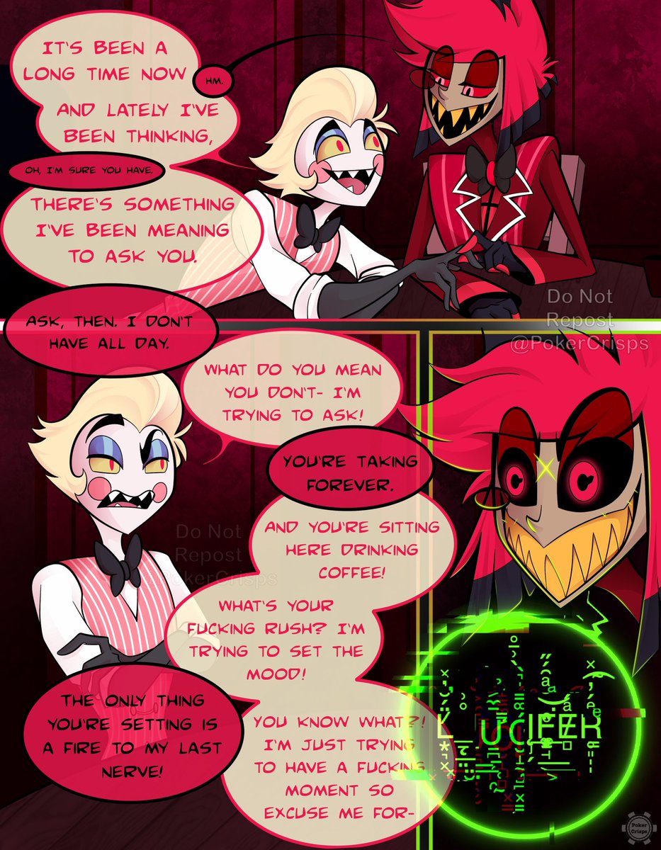 PokerCrisps's tweet photo. “Popping the Question” 📻🍎 Pages 1 &amp; 2/ ?

This will be a three part series focusing on a few different parings asking the same, important question 💕 though things are not always as they seem… 
_
#hazbinhotel #radioapple #alastor #LuciferHazbinHotel #LuciferxAlastor https://t.co/ViEBWTudYI