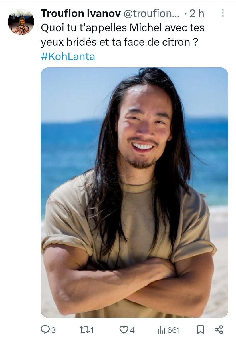 linhlandao's tweet photo. Aidez-moi à signaler.
Faisons de X un endroit un peu plus inclusif.

Michel est un Liégeois d'origine vietnamienne. En 2024, on peut peut-être plaisanter sur autre chose que son faciès. Quand on verra beaucoup + d'Asiatiques à la TV, ce sera plus un sujet ?

#KohLanta
Merci ! 😘 https://t.co/8RB5GqsrZe