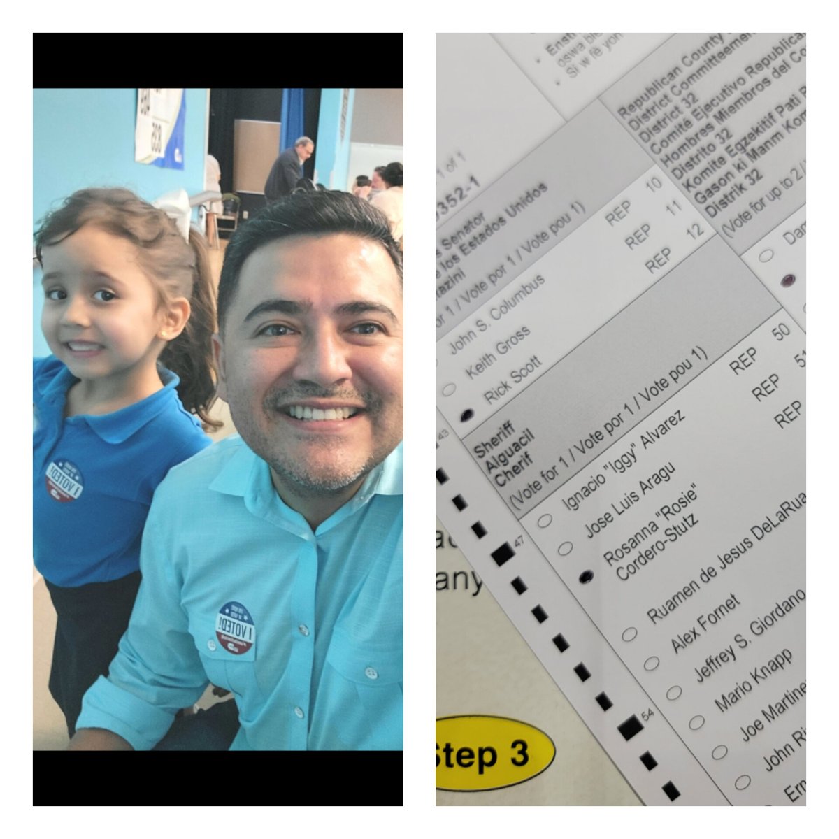 KennedyBolivar's tweet photo. "I voted for Rick Scott today, and I brought my daughter along to show her the importance of exercising our democratic rights. 🇺🇸 "Thank you for your commitment to freedom, Senator @ScottforFlorida." 

 #VotingTogether #DemocracyInAction" https://t.co/lFHweWqbyl