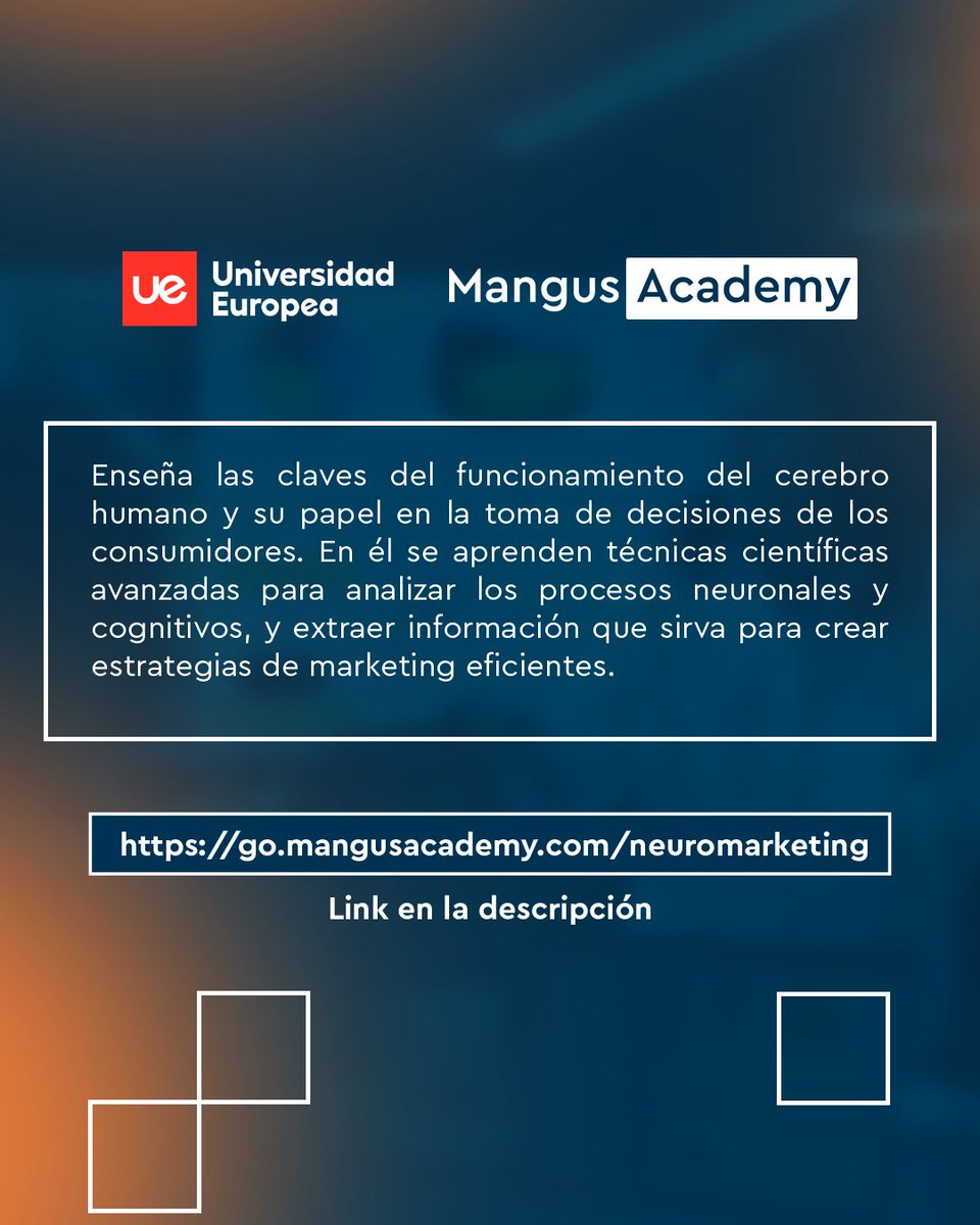 🎓 ¡Con la Universidad Europea Transformarás tus Estrategias de Marketing con el Poder del Neuromarketing! 🚀

Curso en Neuromarketing

📚 6 ECTS (10 semanas) | Modalidad Asíncrona | Título Propio de la Universidad Europea

🔗 Más info:
go.mangusacademy.com/neuromarketing
