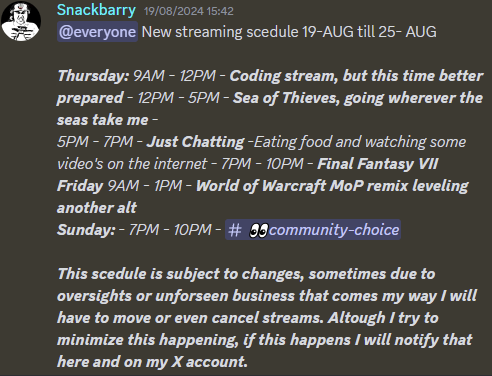 Snackbarry1's tweet photo. New streaming scedule! 

#Twitch #Trovo #Kick #YouTube #JustChatting #pythonprogramming #codingstream #SeaofThieves #WorldofWarcraft #CommunityChoice #FinalFantasyVII https://t.co/BMrmV2hUSr