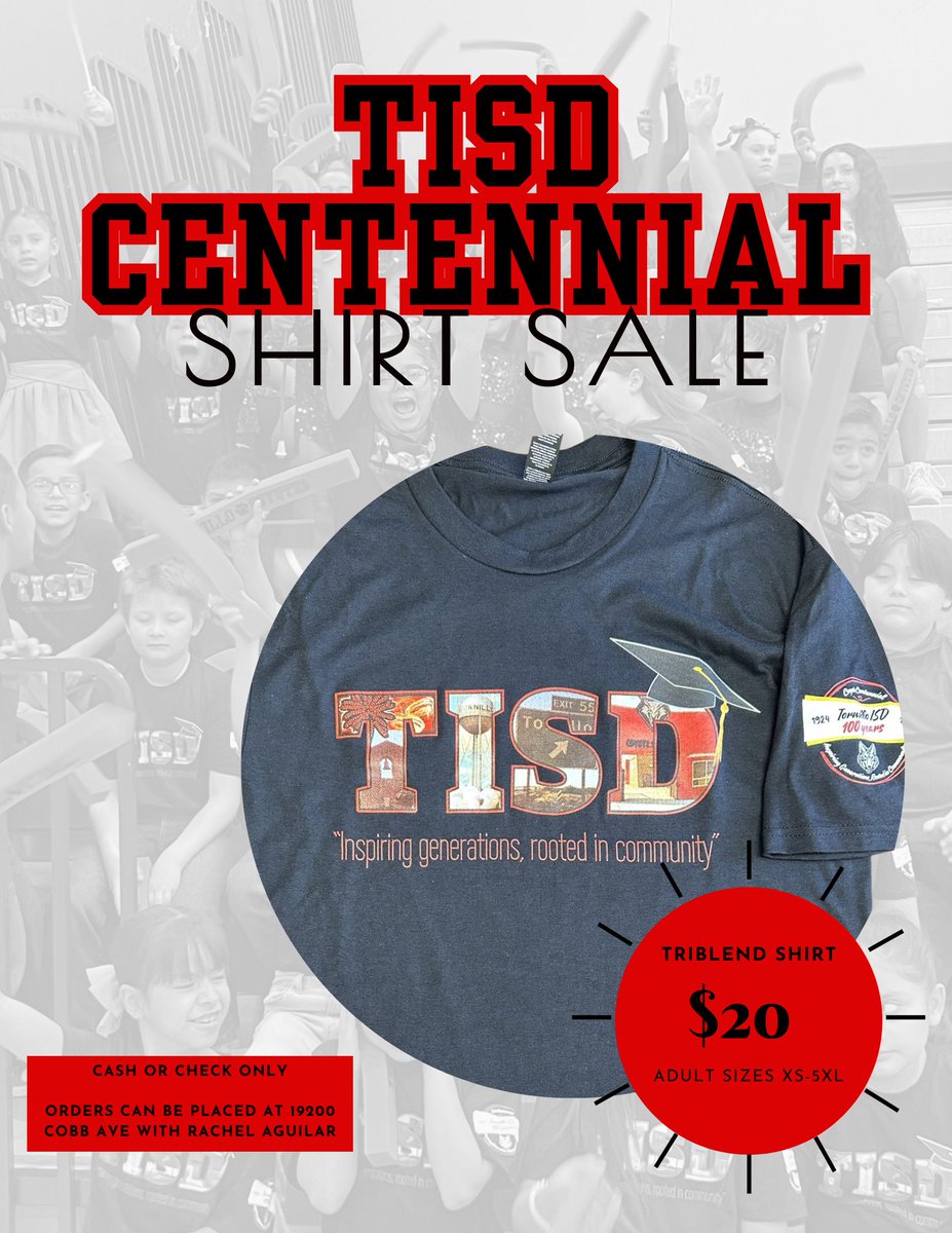 Calling all coyotes! Order your centennial shirt today to wear proudly at our centennial celebration in December! #TISDProud 🐾 #TISD100

More info on centennial events below ↓
sites.google.com/tisd.us/centen…