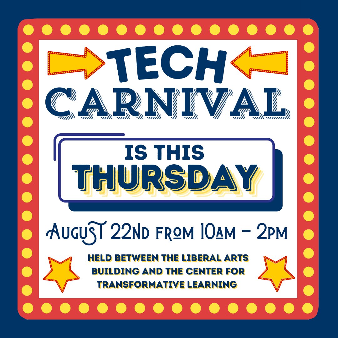 The OIT Tech Carnival is THIS Thursday from 10 a.m. to 2 p.m. at the Bronze Tent! Join us for a day of fun with a chance to win some secret tech prizes 🤫💻 🎮

 💙Located between the LAR and CTL, August 22nd 💙

#UCO #RollChos #StampedeWeek #Carnival #OIT 🤩