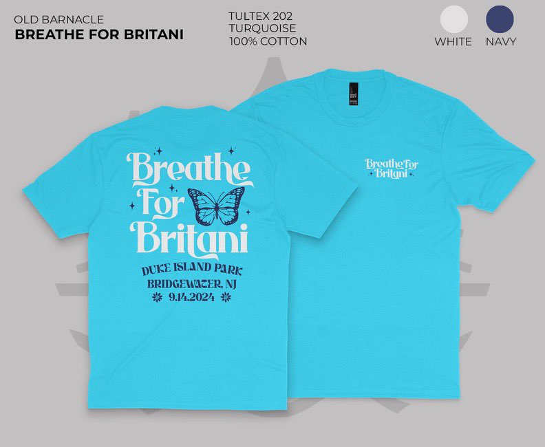 WeigandSam's tweet photo. breathe for britani t-shirts available, $25 each. all proceeds go to the breathe for britani team 🦋🩵 https://t.co/2faVaD6LFp