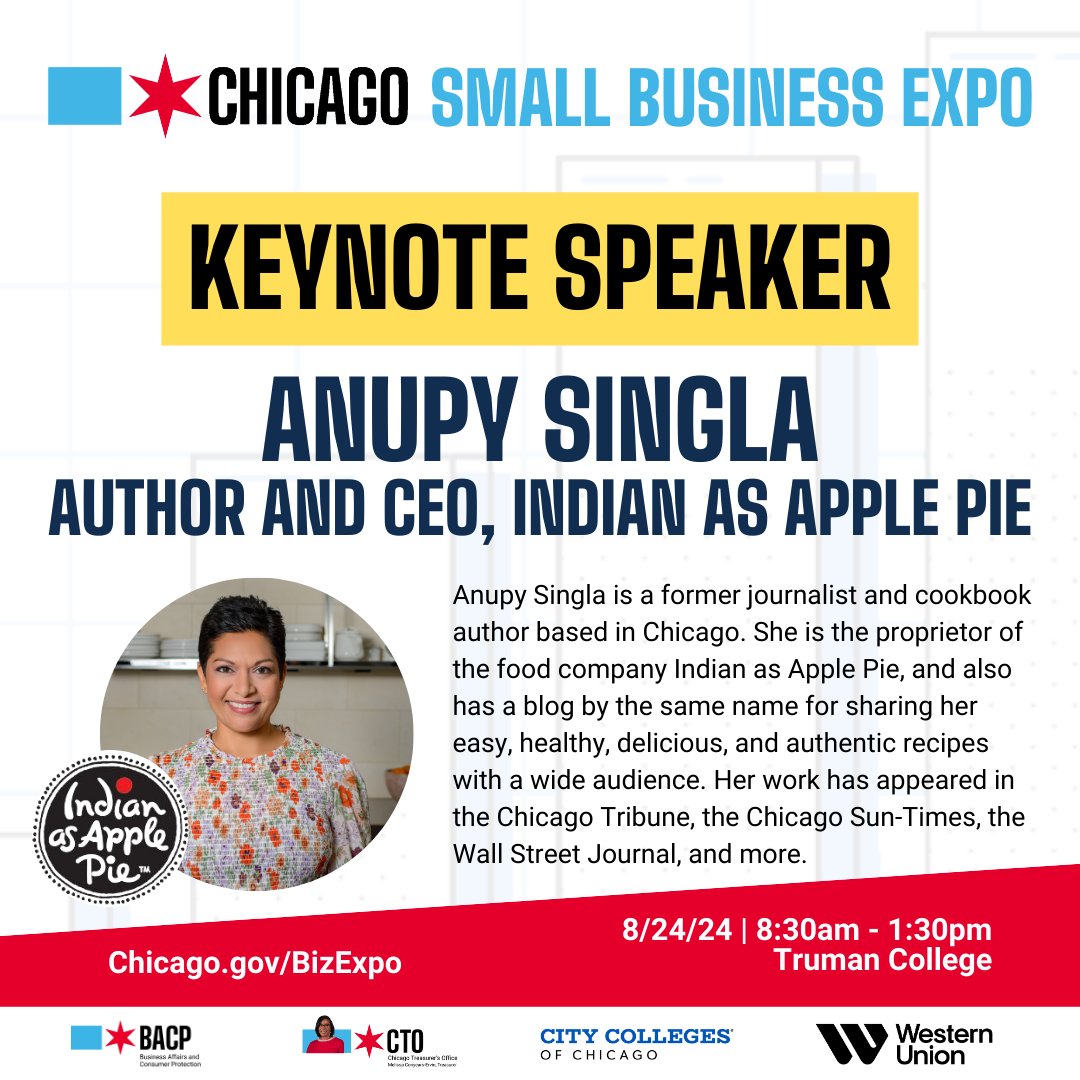 Get inspired and insights from Chicago Small Business Expo Keynote Speaker Anupy Singla, CEO of <a href="/IndianApplePie/">Anupy Singla</a>! The free expo will take place This Saturday, 8/24 from 8:30 a.m. to 1:30 p.m. at Truman College,in Chicago’s Uptown neighborhood.  Register: chicago.gov/bizexpo