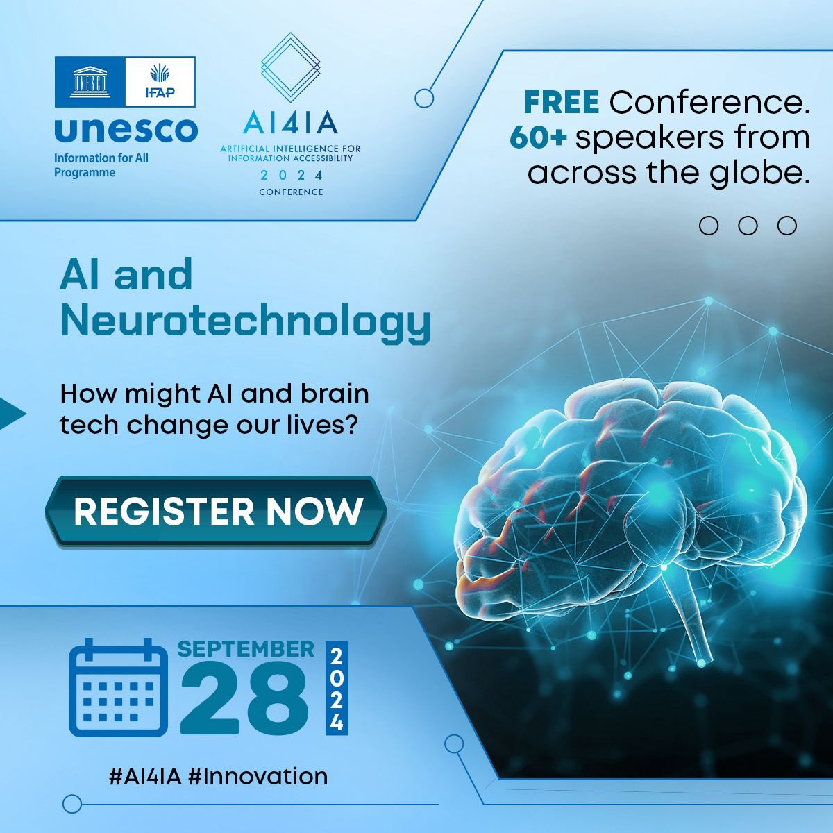 Join over 60 experts at the 5th Annual AI4IA Conference hosted by the UNESCO Information For All Programme (IFAP) Working Group on Information Accessibility (WGIA) to learn more.

Register for FREE at ai4iaconference.com/register-now/

#AI #AICreativity #BrainTech