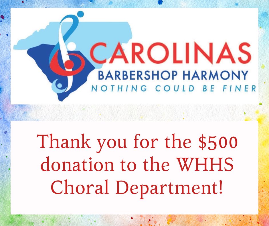 🎶 Exciting news! The WHHS Choral Dept. just received a $500 donation from the Carolinas District of <a href="/barbershopnews/">Barbershop Harmony Society</a>! This summer, several students and Mrs. Moyer attended Harmony Explosion Camp at <a href="/ClemsonUniv/">Clemson University</a>. We're grateful for the support to promote barbershop singing.