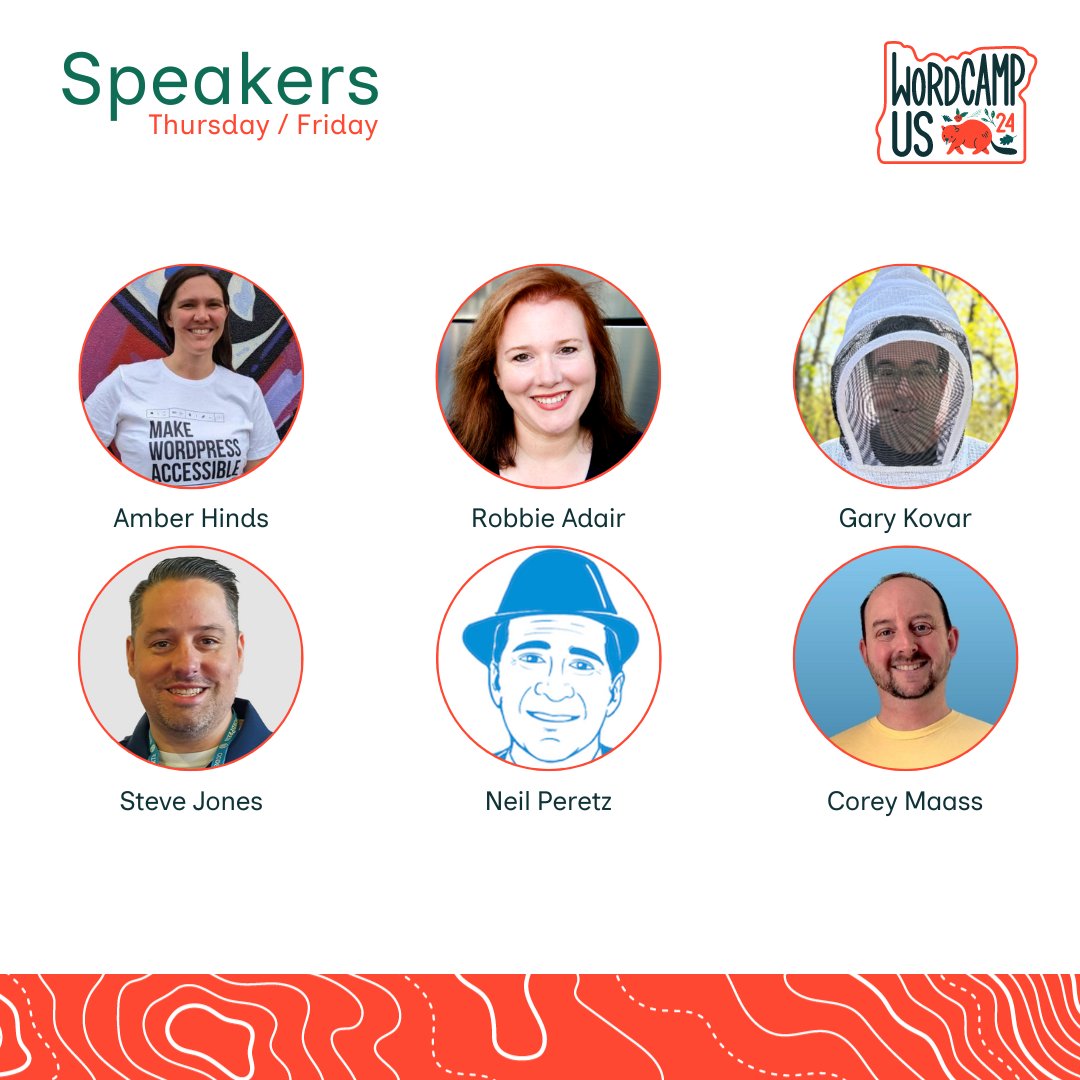 WordCampUS's tweet photo. Please welcome our next round of speakers, taking the stage Thursday and Friday at WordCamp US 2024!

Say hello to Amber Hinds, Corey Maass, Gary Kovar, Neil Peretz, Robbie Adair, and Steve Jones!

Learn more about each of them at https://t.co/1jMBJdSB19

#WCUS https://t.co/oBSYbBL7c5