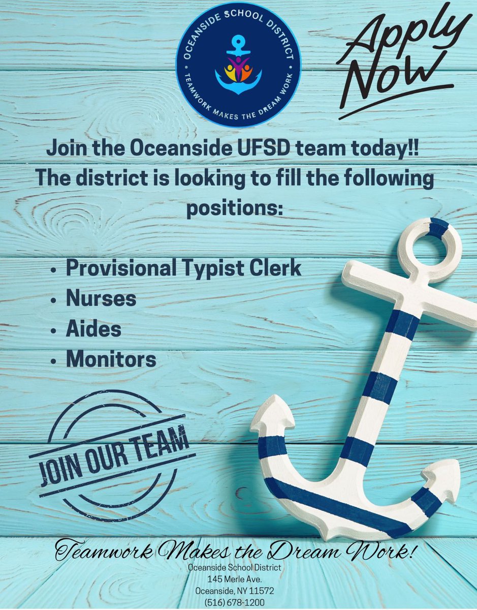 Joelle Hennessy (@ohshennessy) on Twitter photo ‼️ Looking for a great place to work?? Don’t miss the opportunity to join the best team in town! Feel free to reach out with any questions. ⚓️ #SailorNation
<a href="/OSchoolsPR/">Oceanside School District #OSD_NY</a> @TeachMitch <a href="/JDeRosaOSD/">Jill</a> <a href="/DianeProvvido/">Diane Provvido</a> ‼️ Looking for a great place to work?? Don’t miss the opportunity to join the best team in town! Feel free to reach out with any questions. ⚓️ #SailorNation
<a href="/OSchoolsPR/">Oceanside School District #OSD_NY</a> @TeachMitch <a href="/JDeRosaOSD/">Jill</a> <a href="/DianeProvvido/">Diane Provvido</a>