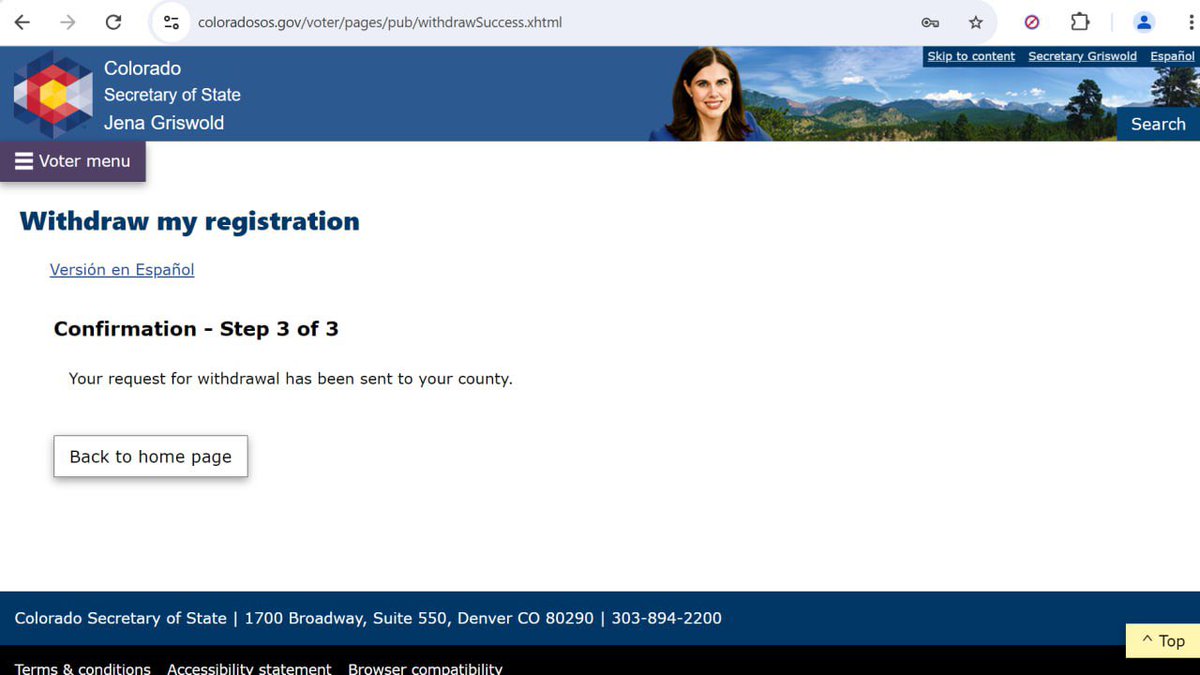 StoverLoves's tweet photo. @JenaGriswold Jena, I moved to a new state &amp; just withdrew my CO voter reg. on your website. 

I’m shocked to find there is Zero accountability on your behalf. Not even a simple confirmation number?!

How do I ensure my ballot wont be used to help steal another election? This is not secure! https://t.co/3exkXYeG7R