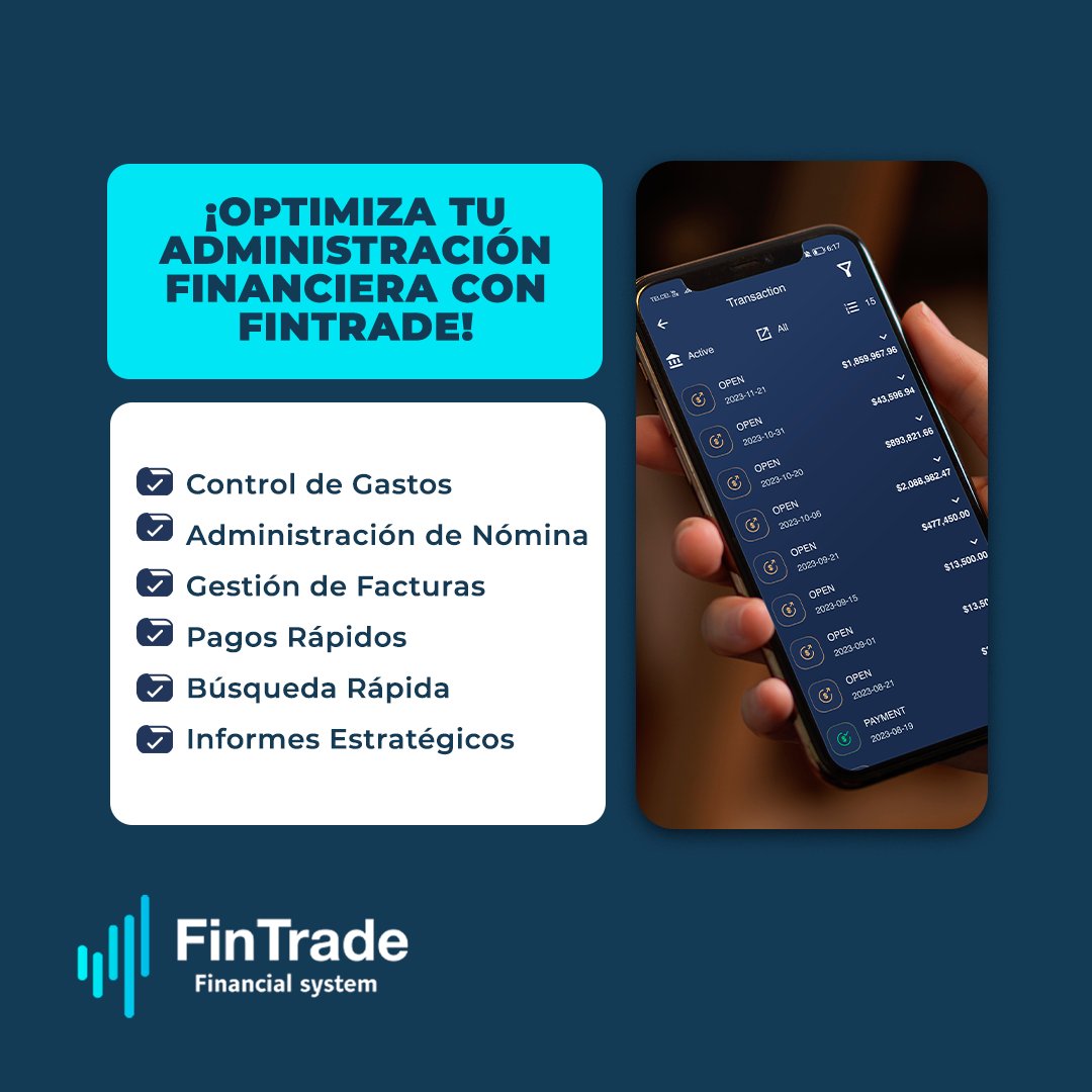 FinTradeSystem's tweet image. En Fintrade, simplificamos tu administración financiera para que puedas concentrarte en lo que realmente importa. ¡Descubre cómo podemos ayudarte hoy! 🌟

#GestiónFinanciera #ControlDeGastos #AdministraciónDeNómina #GestiónDeFacturas