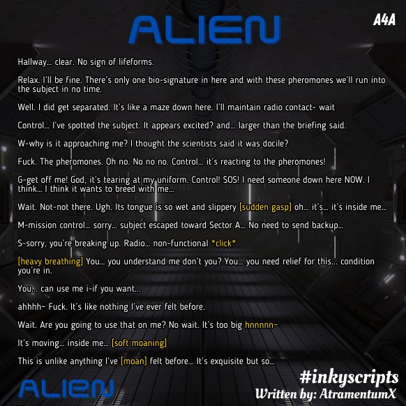 AtramentumX's tweet image. Hey #lewdtubers here&apos;s a subby horror lewd script from out of this world.

You&apos;re tracking the specimen. Little do you know, it&apos;s tracking you too.  Will you give in to it&apos;s desires? 

Want it extended into a longer script? Comment below! 

#inkyscripts #ASMRscript #nsfwaudio