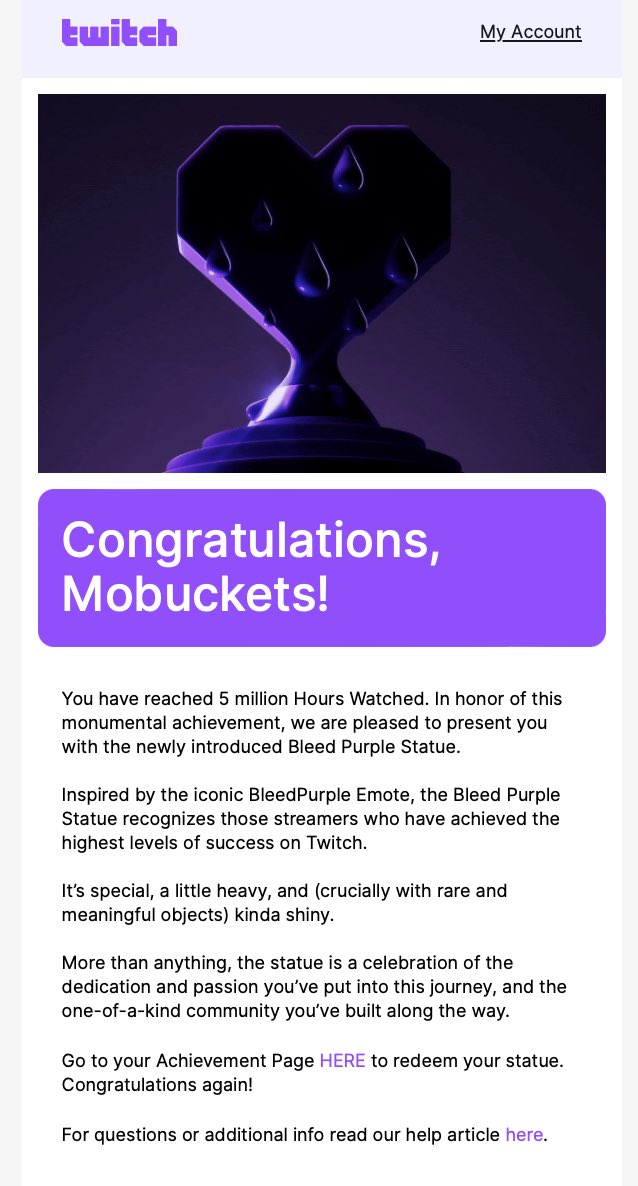 Thank you all and <a href="/NBA2K/">NBA 2K</a> for helping us reach an incredible milestone of 5 million hours watched! This achievement isn't just about numbers—it's a testament to the amazing community we've built together. I'm beyond honored to receive the Bleed Purple Statue, a symbol of our