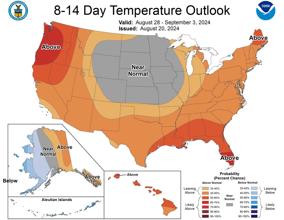 NWSNorman's tweet photo. Unseasonably hotter temperatures ahead for the next 7-days peaking on FRI &amp; SAT with widespread heat indices of 105-110 degrees.  CPS 8-14 day outlook going into early Sept has our area progged at a 30-50% leaning above normal/seasonable.  
#okwx #texomawx https://t.co/KPd6b9ZjMP