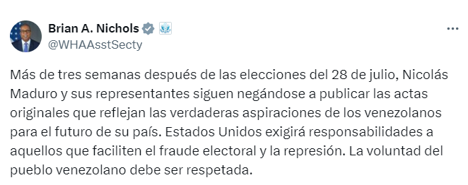 patriciajaniot's tweet photo. ¿Nuevas sanciones? Tres semanas y Maduro no muestra las actas. No hay evidencia ni los votos reales que obtuvo. #Venezuela https://t.co/H4evFaDBOc
