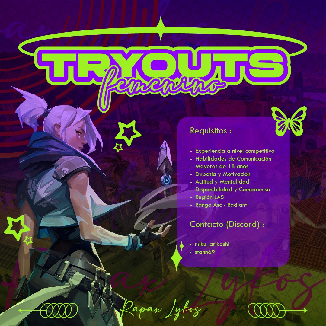 ¡Estamos en tryouts!

Abrimos tryouts para encontrar esa player que quiera completar nuestro equipo de Valorant.
Buscamos de todos los roles y un IGL con experiencia.

<a href="/BusquedaVALATAM/">Búsqueda VALORANT LATAM</a>
<a href="/BusquedaEsports/">Búsqueda Esports</a>
#VALORANT #valorangirls #valorantplayer #VALORANTChampions