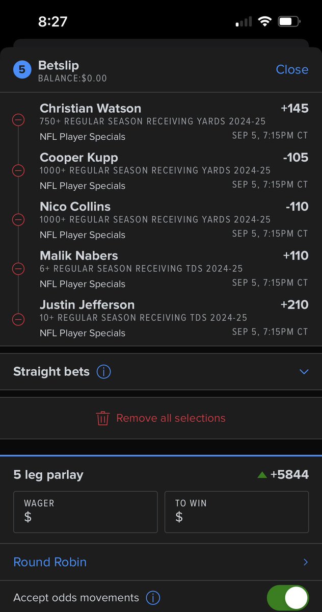 athletepod's tweet photo. Some of our favorite WR futures parlayed together https://t.co/YSIxKl1vyG