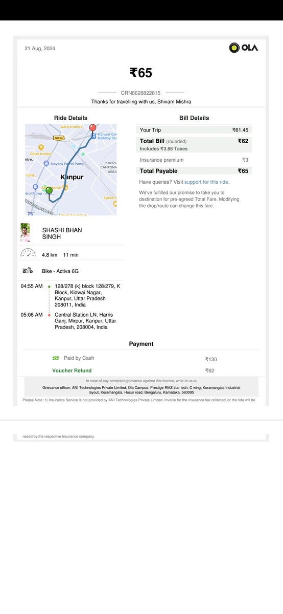BTESTUDENTUNION's tweet photo. issue occurred 5:00 am. Please investigate this issue, take appropriate action against the rider, and ensure I receive the remaining amount. #OlaCabs #CustomerService @bhash @Uppolice pls look into this case https://t.co/ZECYj6yqFE