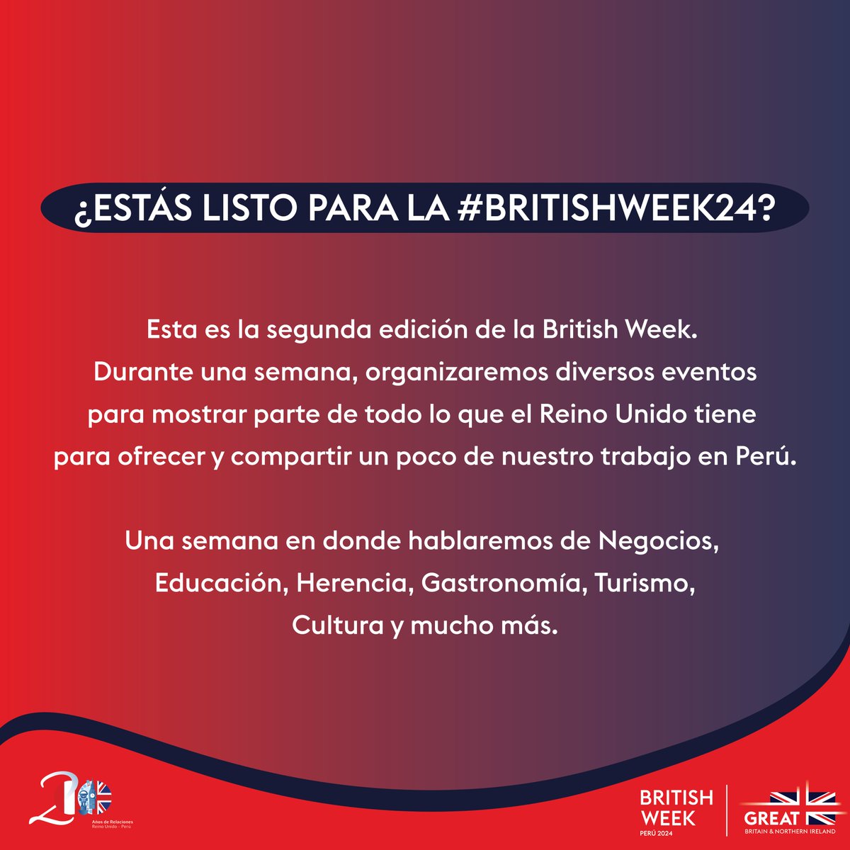 UKinPeru's tweet photo. ¡Muchos adivinaron, regresa la #BritishWeek24! 🇬🇧🥳
Hemos regresado con una 2da edición. Una semana llena de actividades. Negocios, educación, cultura, gastronomía y más, son algunos de los temas sobre los cuales conversaremos. ✨
Pronto estaremos lanzando la agenda. https://t.co/bIwNNsc6x2