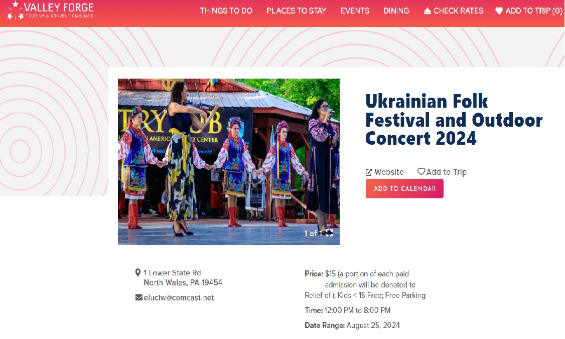 This Sunday 8/25 Annual Ukrainian Festival in Horsham, PA. Listed in Valley Forge Montgomery County tourism website. All are Welcome. valleyforge.org/event/ukrainia…